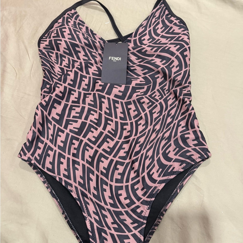 Fendi Pink and Black Geometric One-Piece Swimsuit